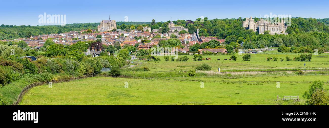 Panoramic view of the Market town of Arundel, showing Arundel town & Arundel Castle, on the South Downs in Spring in West Sussex, England, UK. Stock Photo