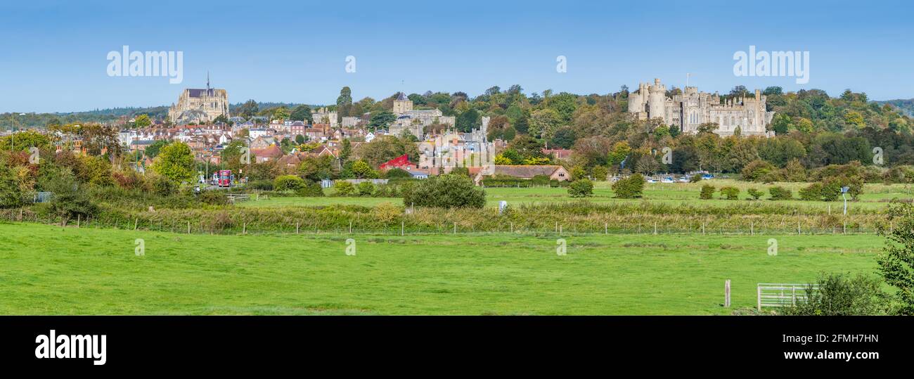 Panoramic view of the Market town of Arundel, showing Arundel town & Arundel Castle, on the South Downs in Autumn in West Sussex, England, UK. Stock Photo