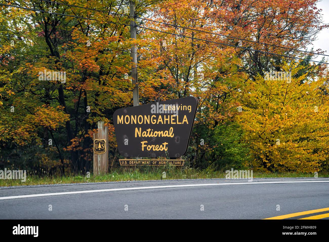 Sign on road for leaving Monongahela National Forest in Davis, West Virginia during colorful autumn fall season by USDA Stock Photo