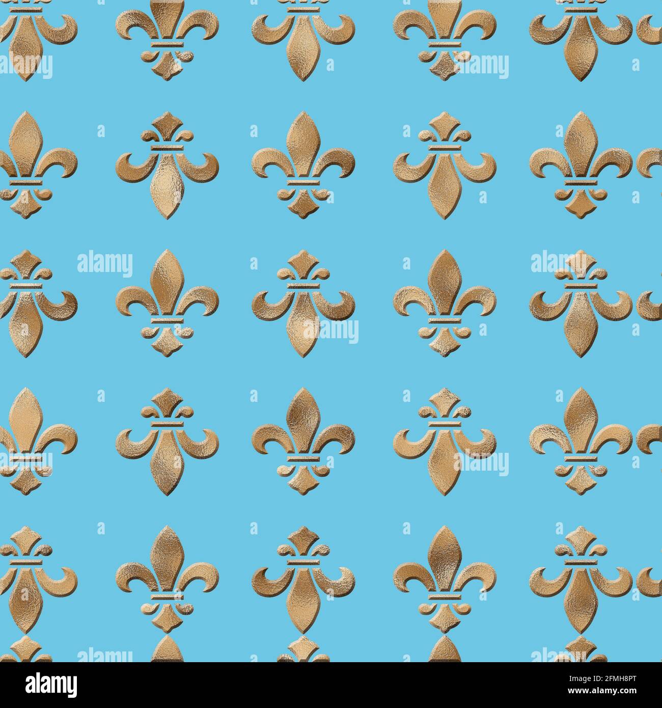 seamless golden lily fleur-de-lis pattern on turquoise blue background. Luxury design, print, poster, wallpaper, gift wrapping. 3D illustration Stock Photo