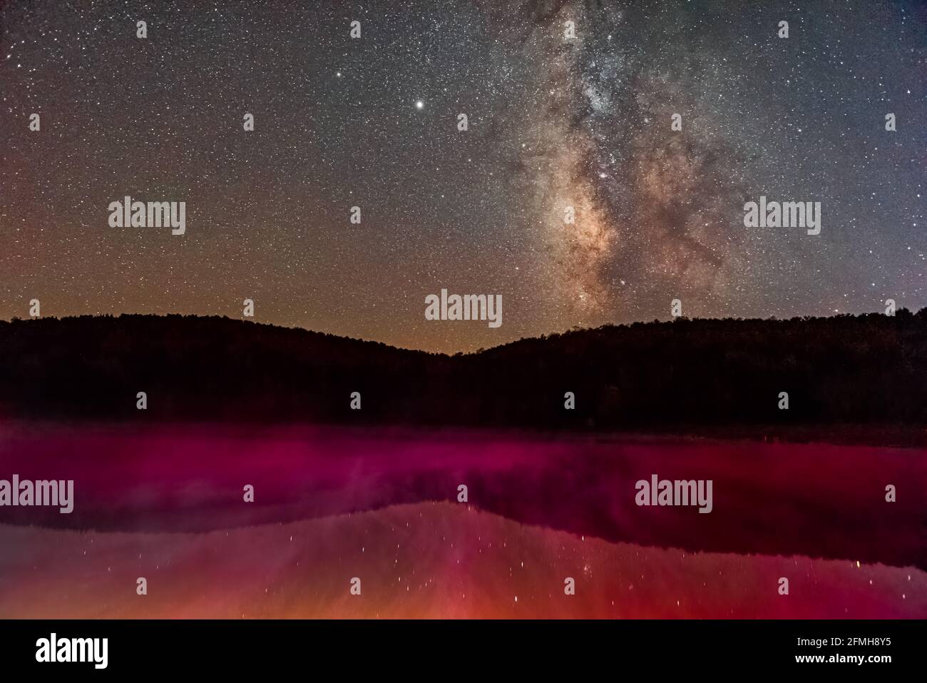 Night dark sky with milky way galaxy in Spruce Knob Lake in West