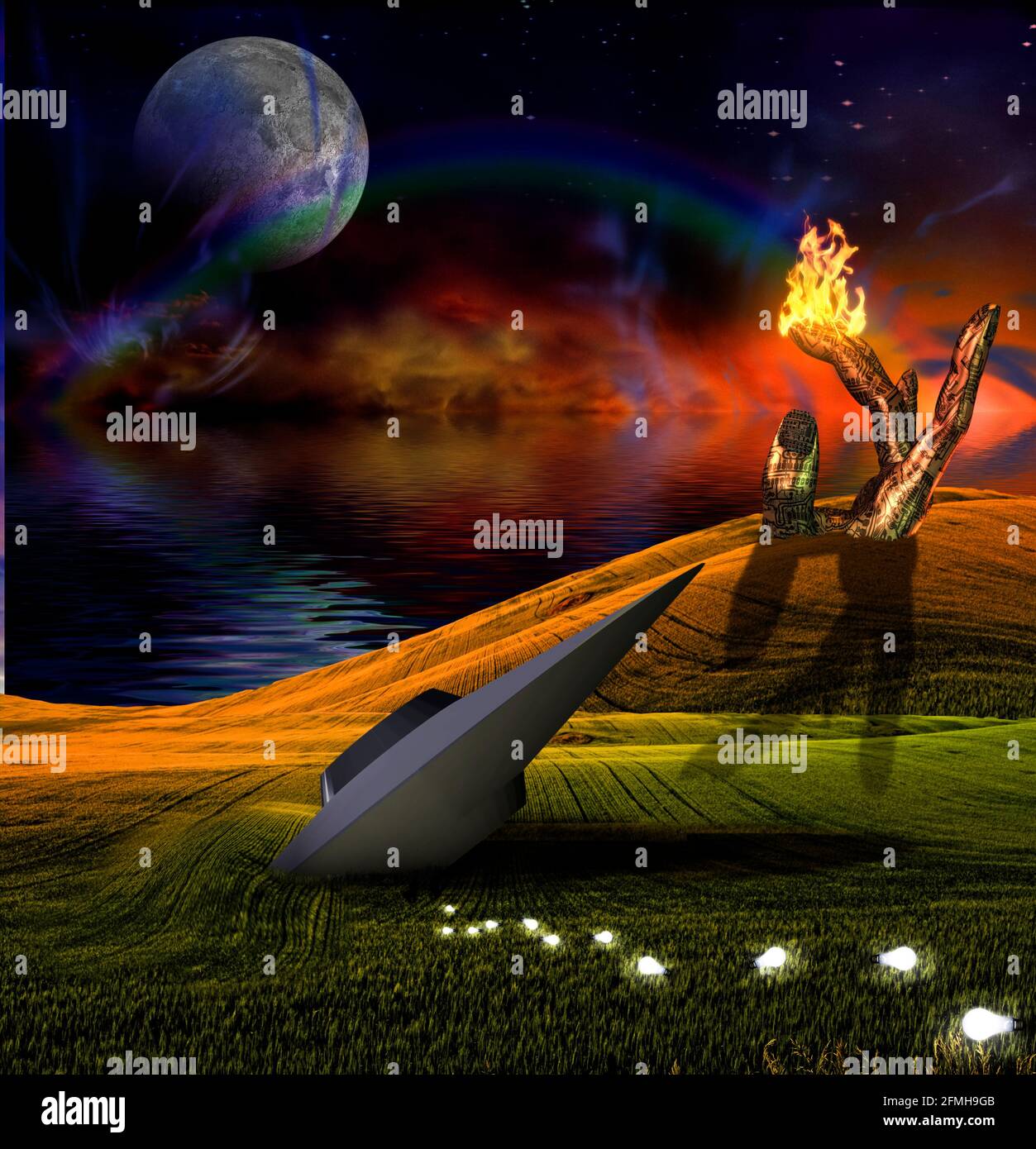 UFO crash in coastal landscape and giant bionic hand with electronic ...