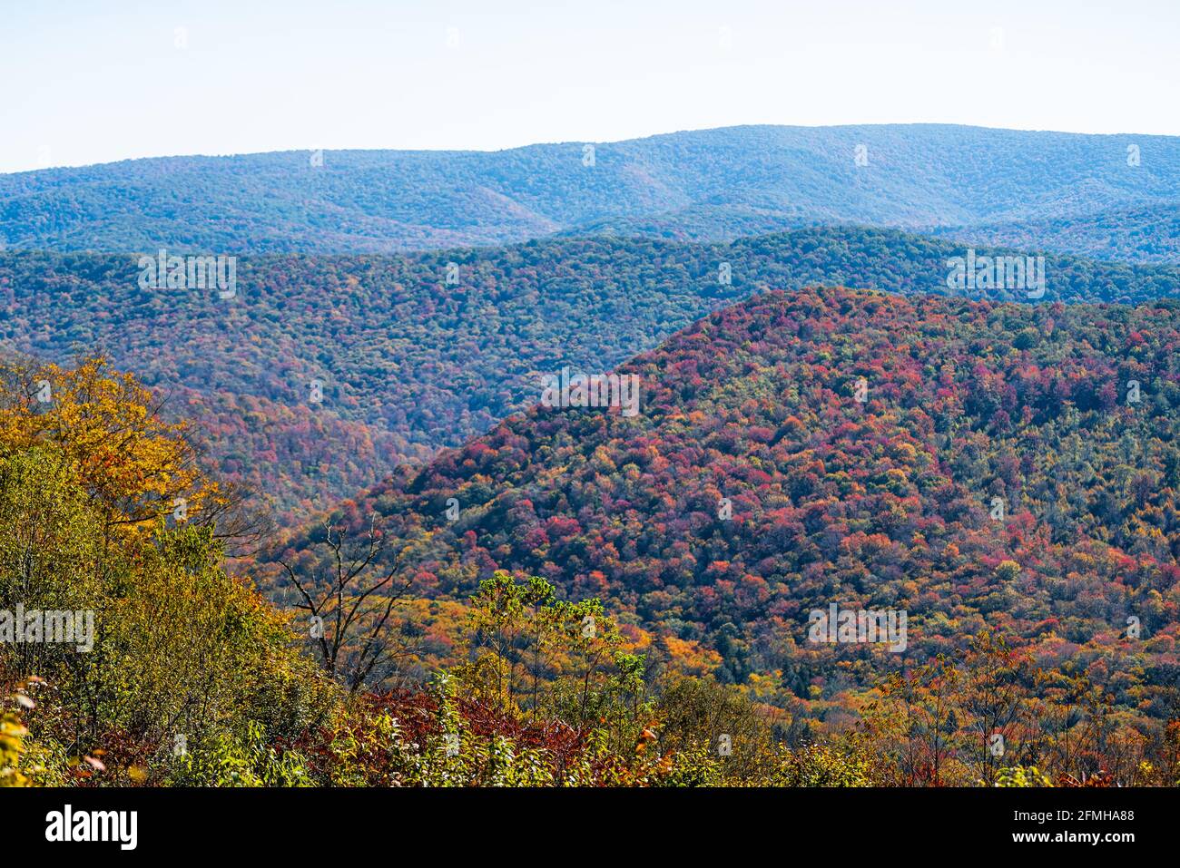 High angle aerial overlook view on Cheat knob mountain in West Virginia Monongahela national forest amid Allegheny mountains in autumn with colorful m Stock Photo
