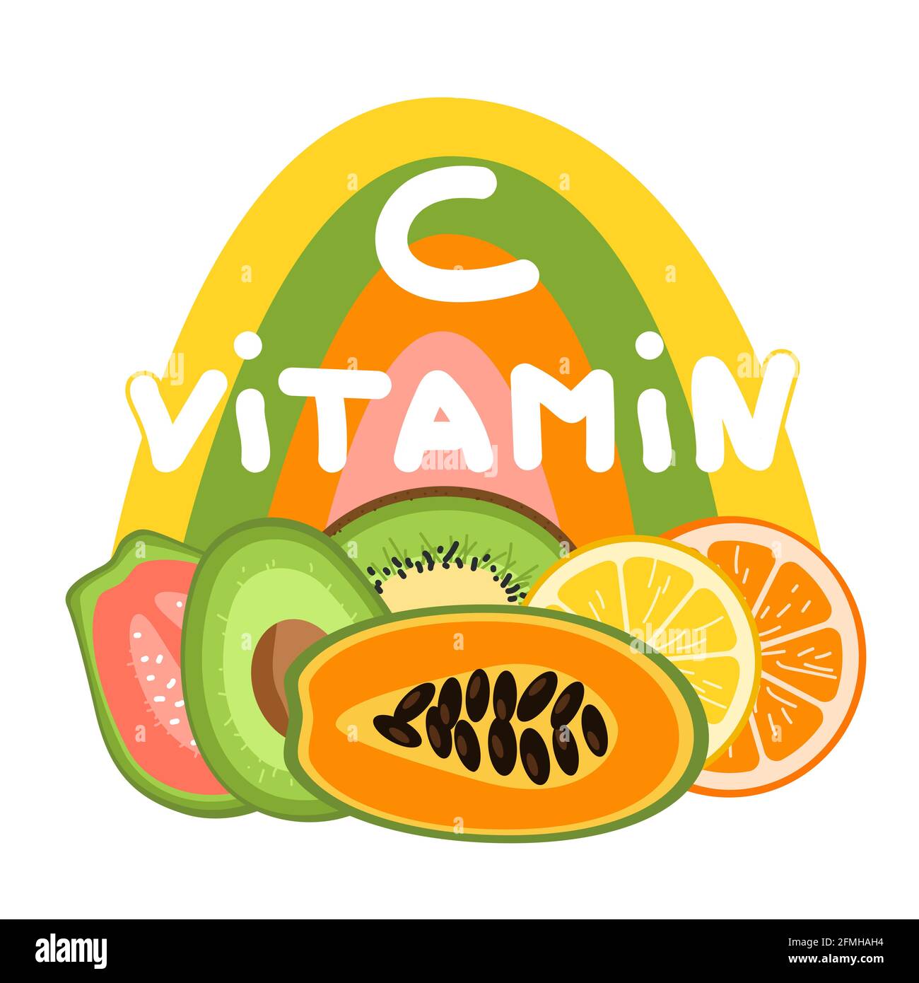 Vitamin C source concept. Fruits containing ascorbic acid with a letter on color rainbow background. Orange, lemon, kiwi, kakadu plum, guava, papaya v Stock Vector