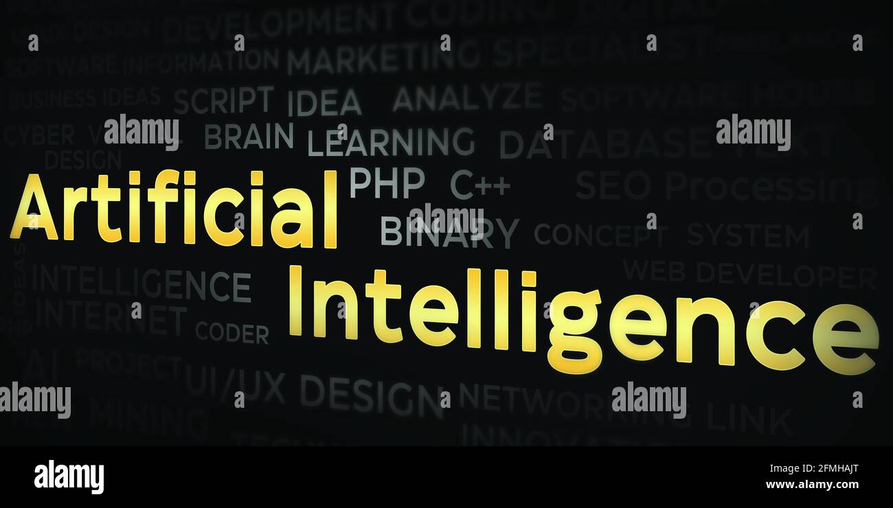 Artificial Intelligence Modern Backdrop Design with Collage of Keywords