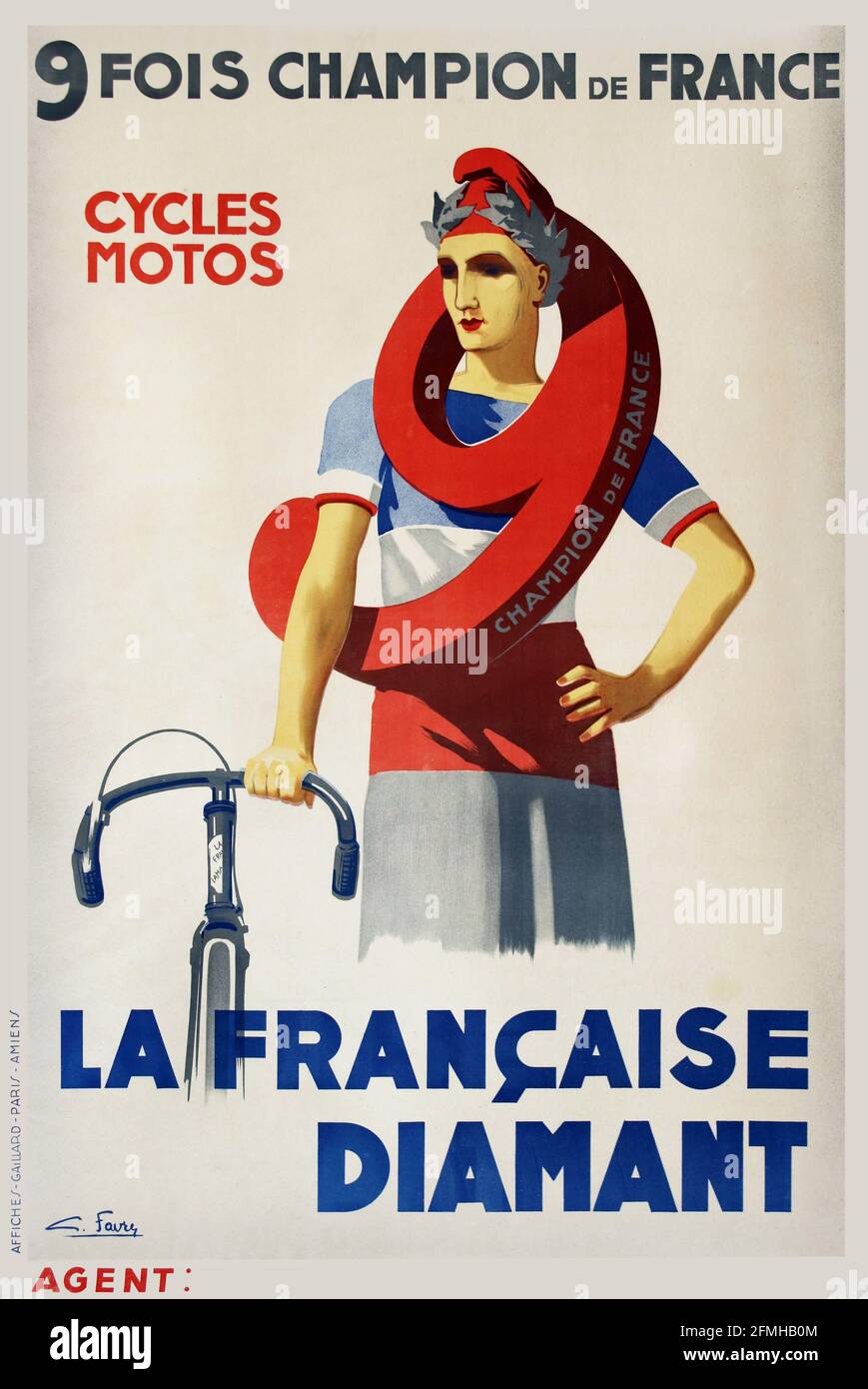 9 fois champion de France – Cycles Motos. La Francaise Diamant. Tour De France. Bicycle poster. Old and vintage. Digitally enhanced. Artist: Favre. Stock Photo