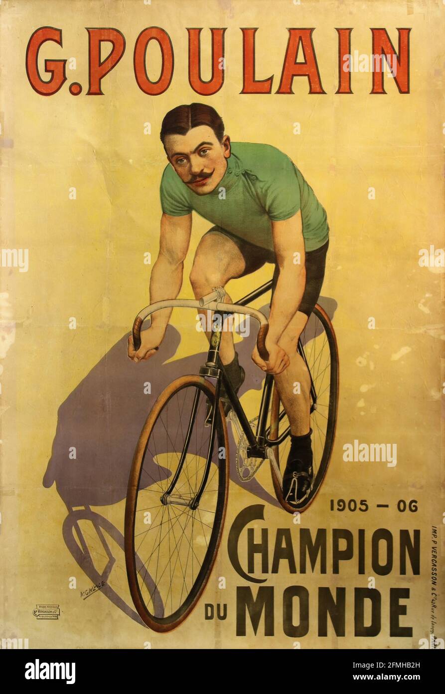 G. Poulain. Champion du Monde. 1905. Bicycle advertisement poster. Old and vintage. Gabriel Poulain (1884 – 1953) was a French champion cyclist. Stock Photo
