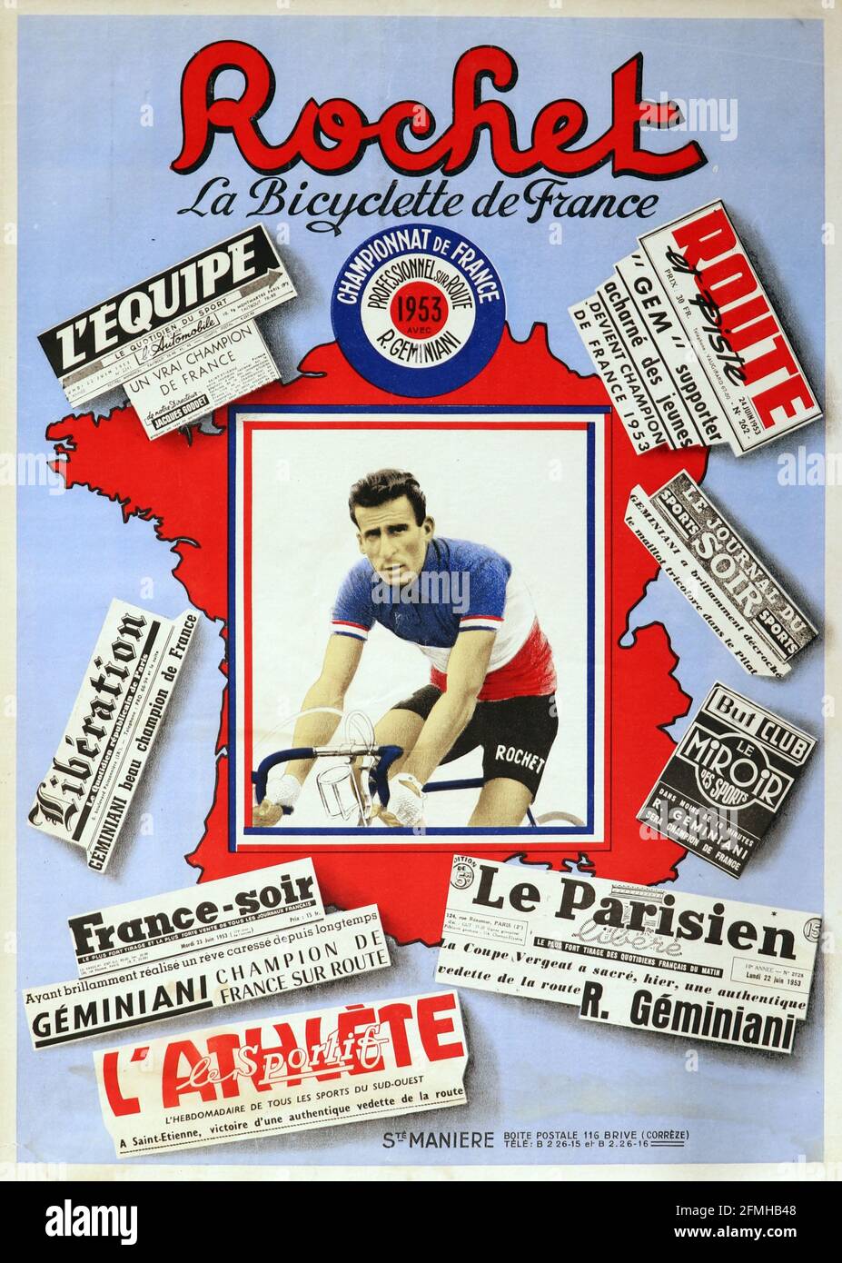 Cycle Rochet La Bicyclette de France 1953. Bicycle advertisement poster. Old and vintage. Digitally enhanced. Tour de France. Stock Photo
