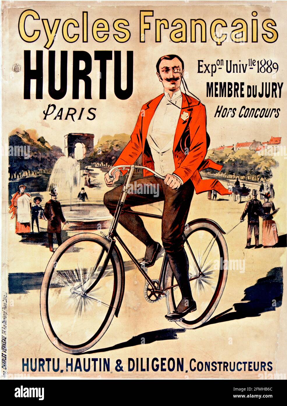 Eugène Ogé - Cycles Français Hurtu 1889. Bicycle advertisement poster. Old and vintage. Digitally enhanced. Very high resolution. Stock Photo