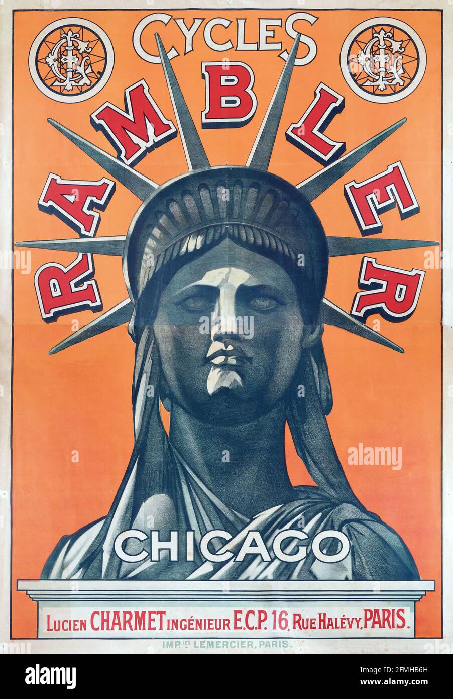 Rambler Cycles. Chicago / Paris. Bicycle advertisement poster. Old and vintage. Digitally enhanced. Statue of Liberty. Stock Photo