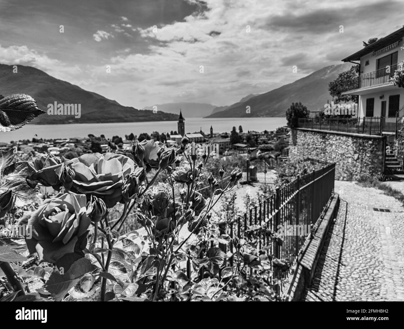 Landscape of Lake Como from Domaso in black and white Stock Photo