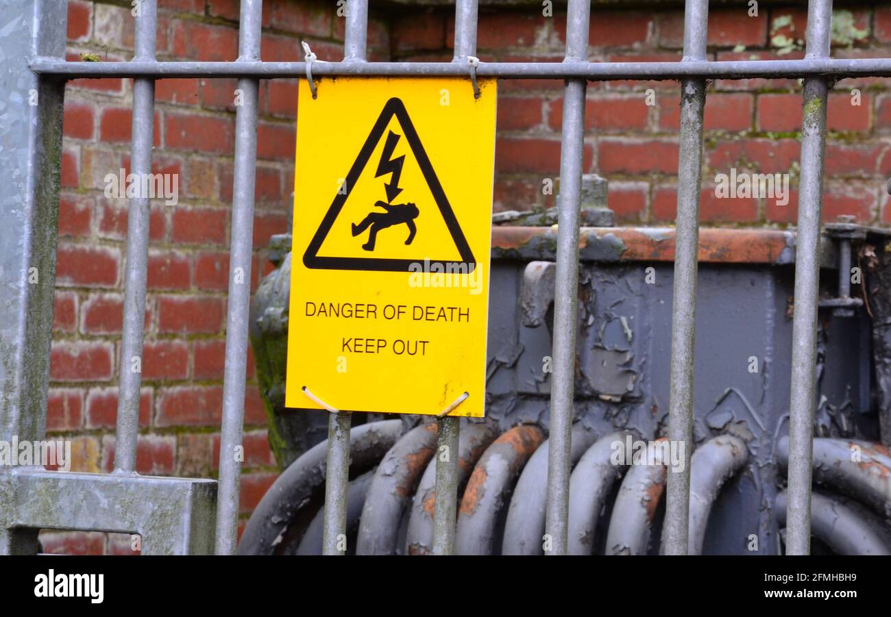 A 'Danger of Death' sign on an electrical transformer Rochdale, Greater Manchester, England, United Kingdom Stock Photo