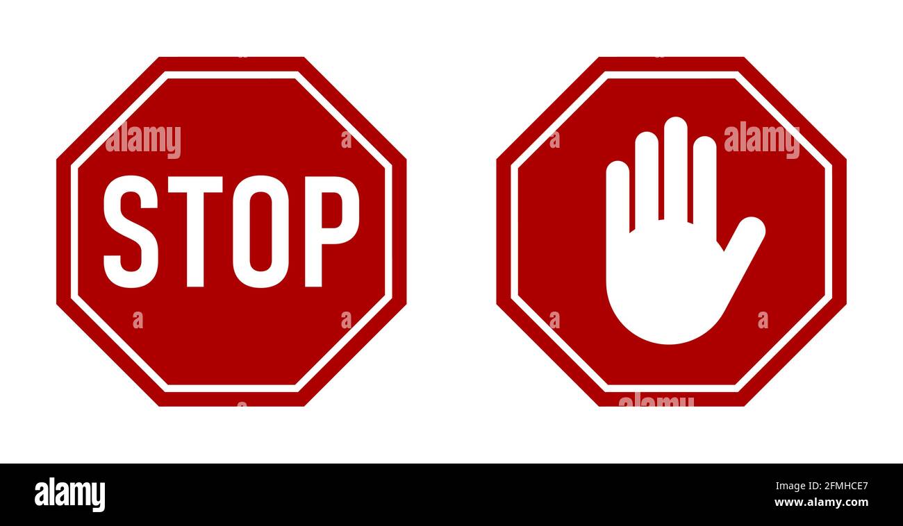 Icon Set of Red Stop Sign and Stop Hand Adblock Octagonal Symbol. Vector Image. Stock Vector