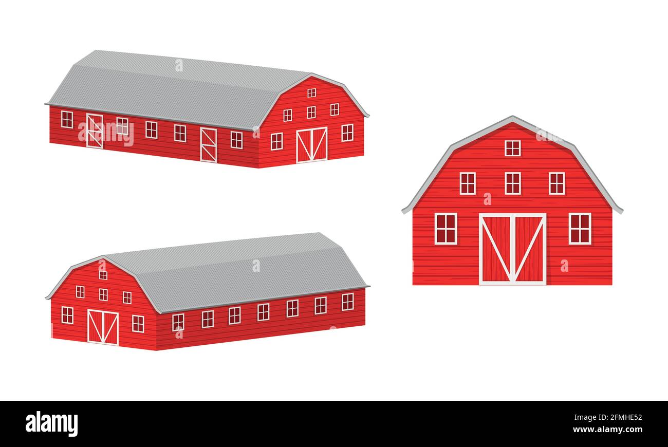 Wooden barn front view and isometric projection. Red farm warehouse building isolated on white background. Vector cartoon illustration. Stock Vector