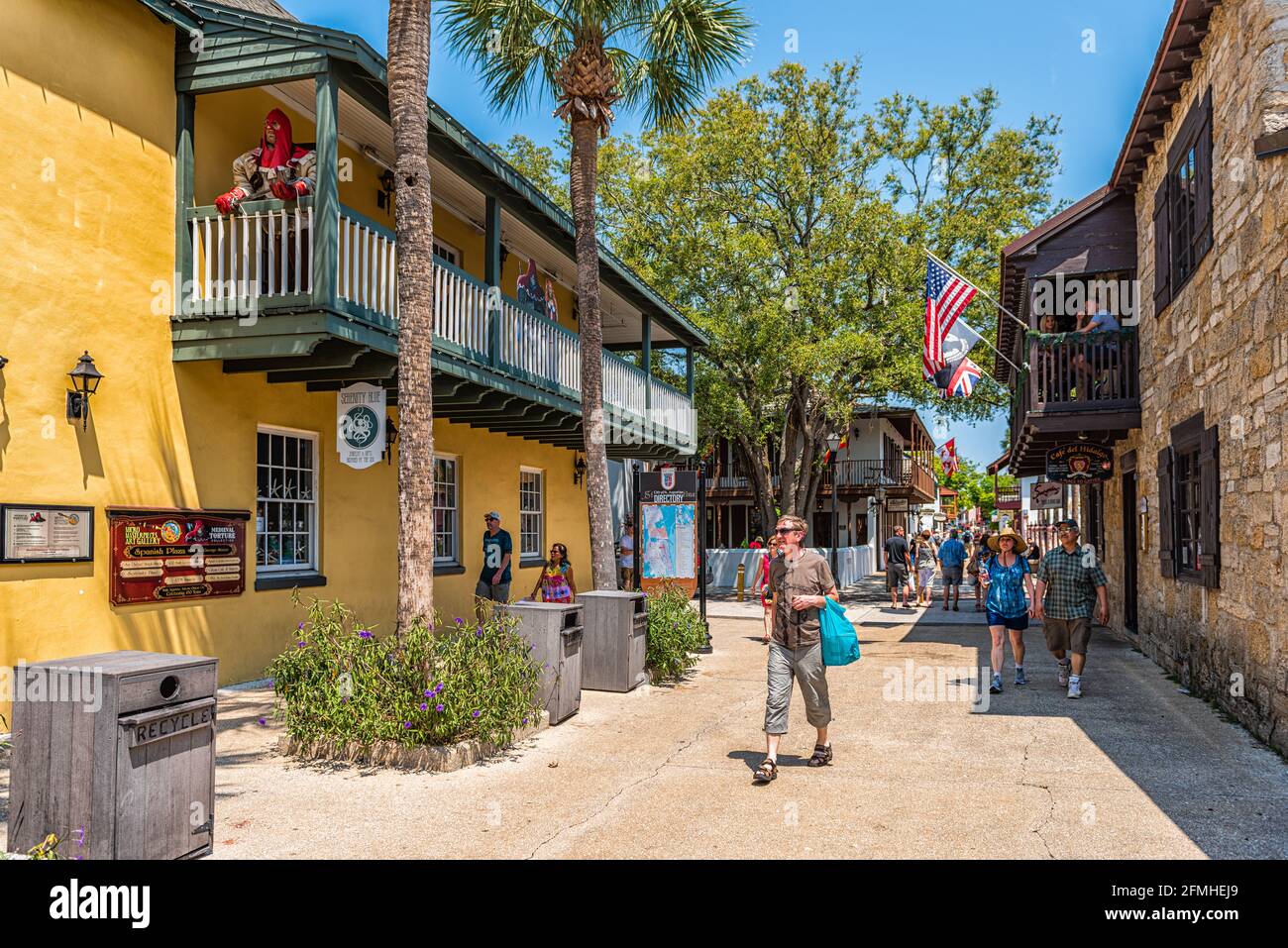 St. Augustine, USA - May 10, 2018: People shopping at Florida city St George Street on summer day by stores shops and restaurants in old town Stock Photo