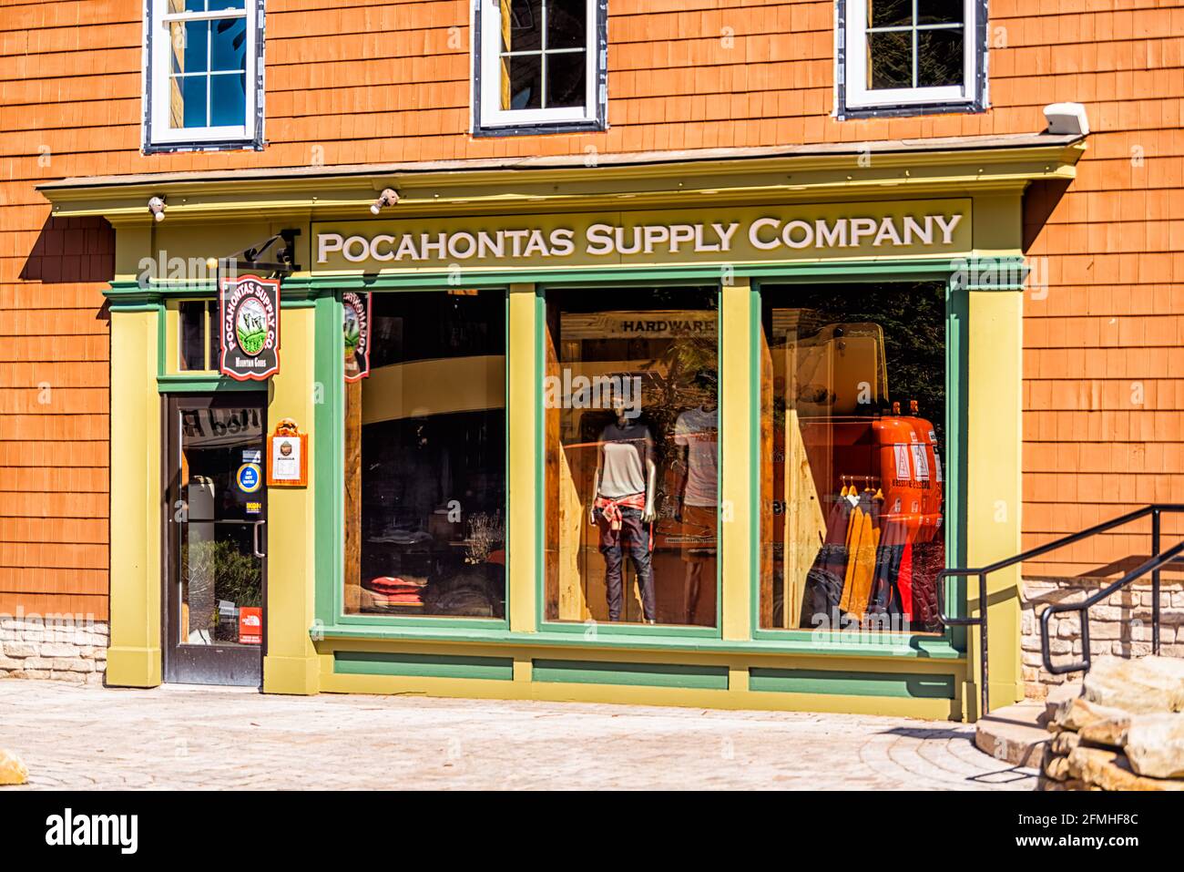 Snowshoe, USA - October 6, 2020: Pocahontas supply company retail store shop window selling clothes clothing gear, skiing outfit clothing in West Virg Stock Photo