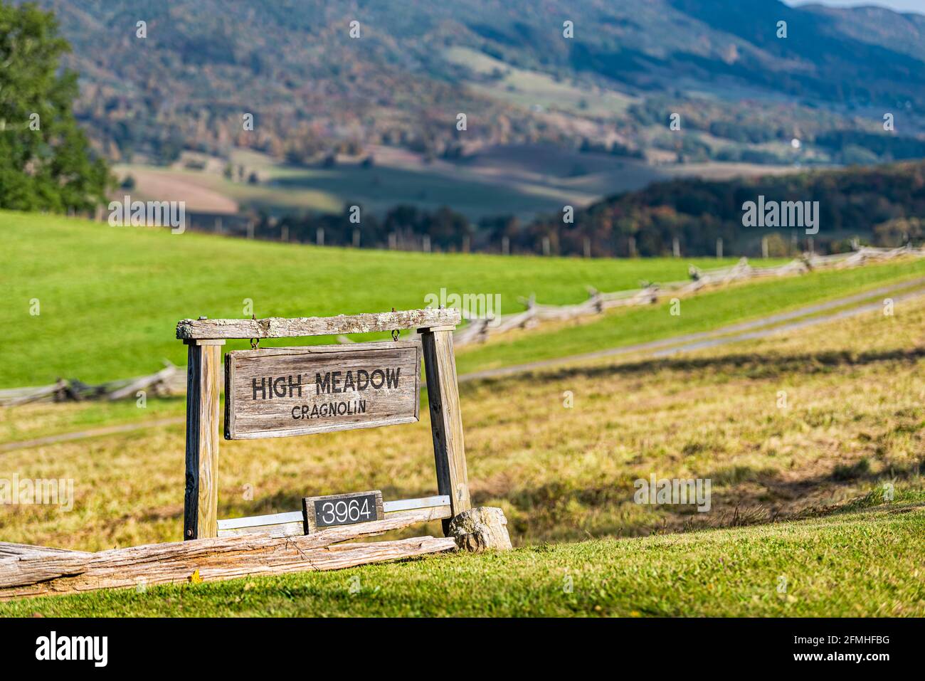 Blue Grass, USA - October 7, 2020: Homestead farm property sign for High Meadow Gragnolin with street address in Highland county by town of Monterey, Stock Photo