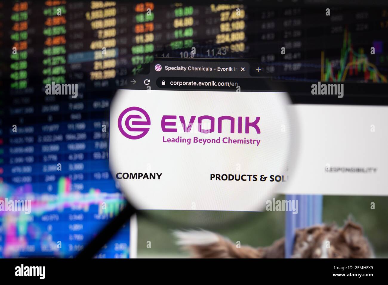Evonik company logo on a website with blurry stock market developments