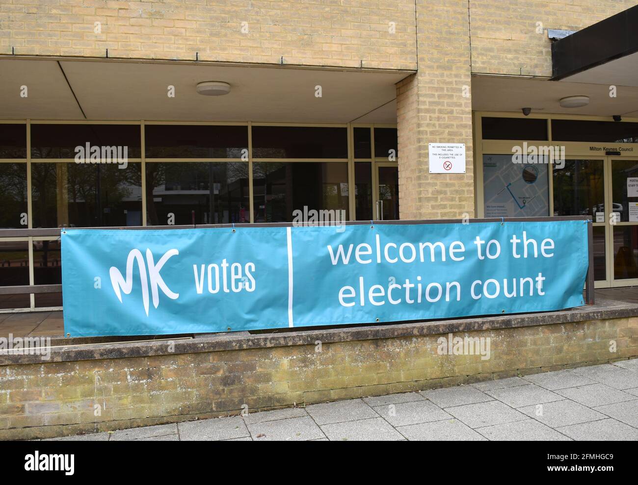 Banner at the office where counting of votes cast is due to take place:  'MK votes welcome to the election count'. Stock Photo