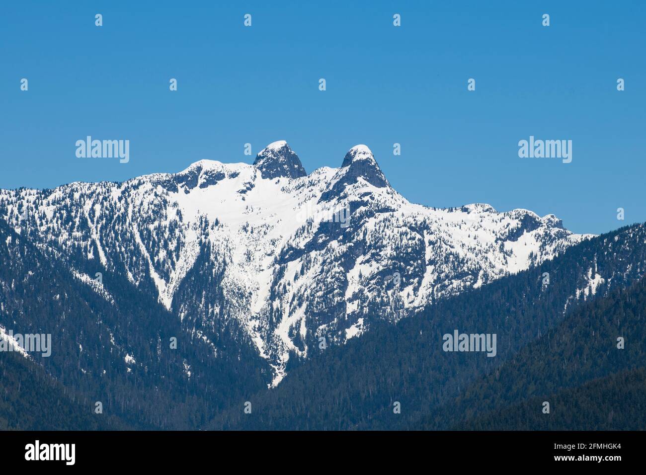 Vancouver's iconic twin peaks -The Lions, viewed from Capilano Regional Park in North Vancouver. Stock Photo