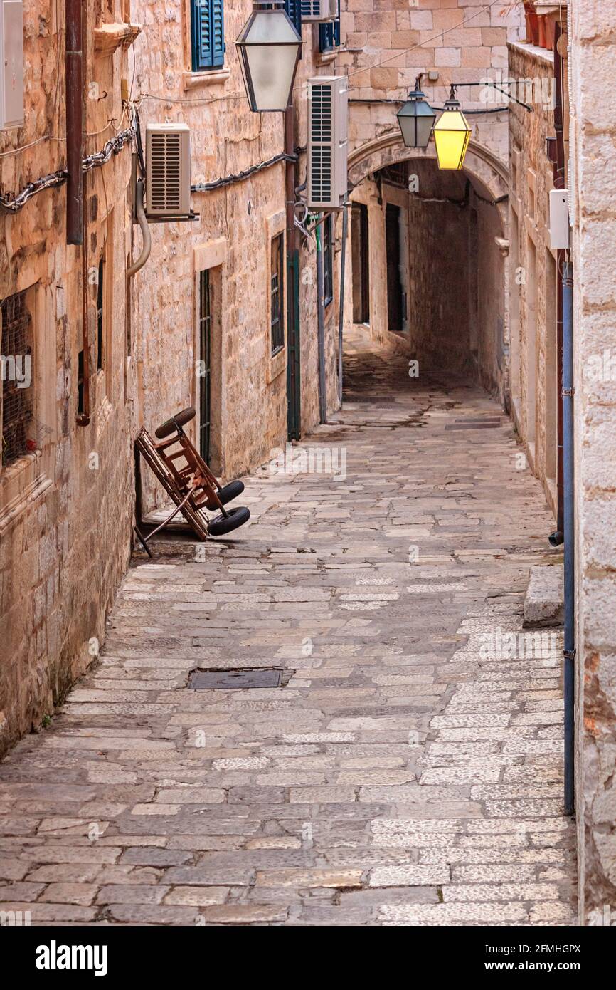 Cityscape - view of a early morning medieval street in the Old Town of Dubrovnik on the Adriatic Sea coast of Croatia Stock Photo