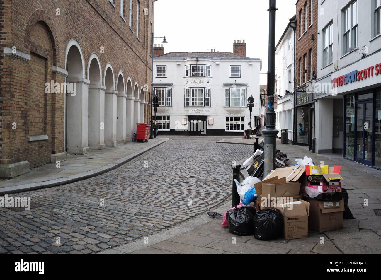 View of a pile of rubbish stacked in Hertford town center. UK Stock Photo