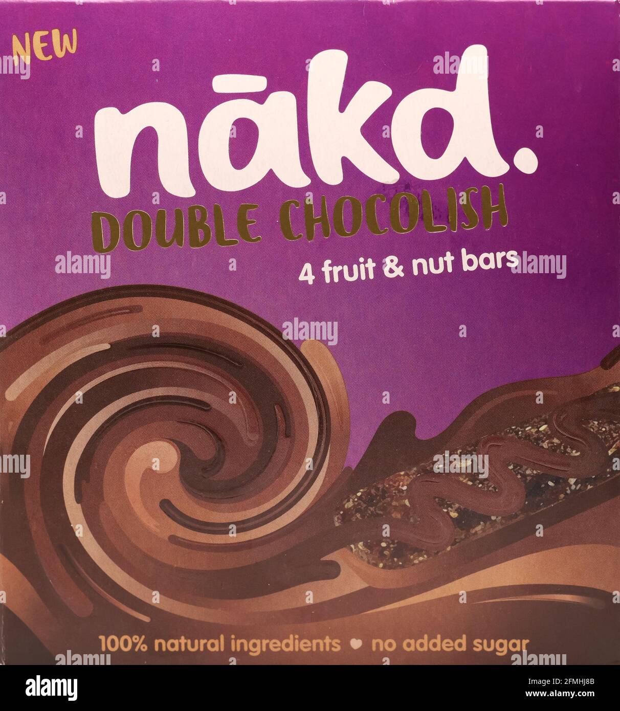 CHESTER, UNITED KINGDOM - 2nd May 2021: A vegan-friendly Nakd Double Chocolish packet of wholefood bars, which is commonly found in the UK Stock Photo