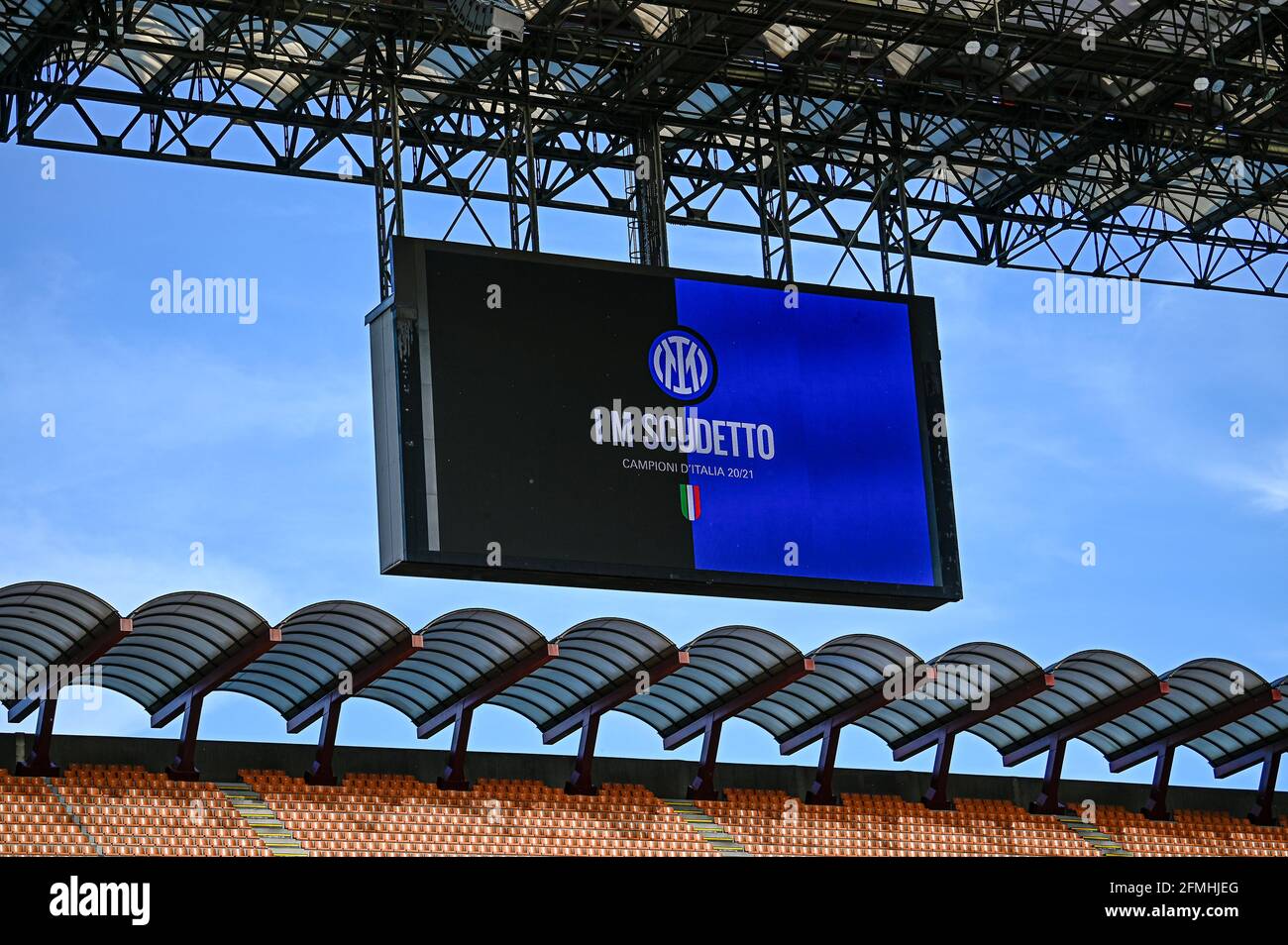 Milan, Italy. 08 May 2021. 'I M Scudetto' is displayed on the scoreboard to celebrate winning of the Italian Serie A 2020/2021 championship title by FC Internazionale prior to the Serie A football match between FC Internazionale and UC Sampdoria. FC Internazionale won 5-1 over UC Sampdoria. Credit: Nicolò Campo/Alamy Live News Stock Photo