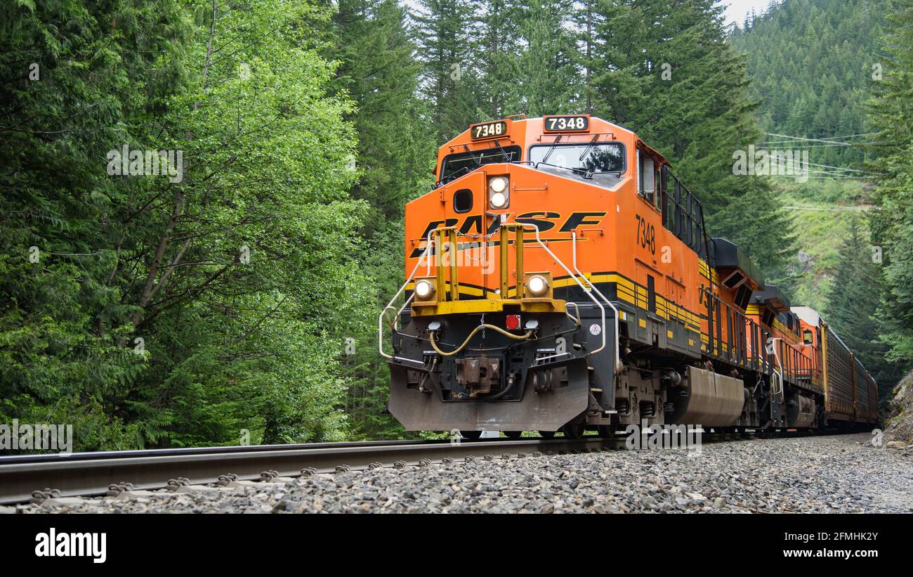 Skykomish, WA, USA - May 24, 2016; BNSF freight train hauls auto racks on the Scenic Subdivision in the Cascade Mountains of Washington State Stock Photo