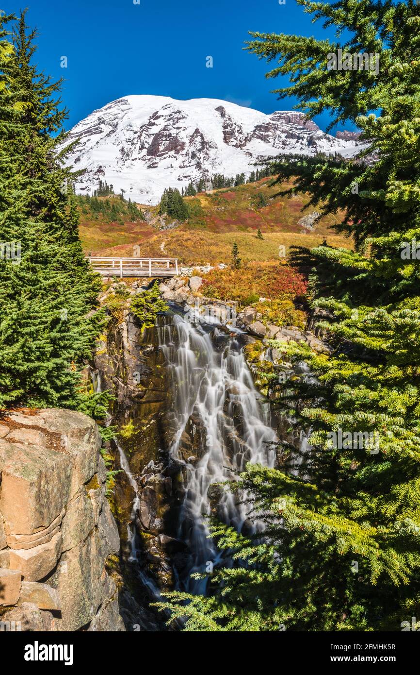 Edith Creek following below the volcanic peak of Mount Rainier and dropping over Myrtle Falls in the National park in Washington State Stock Photo