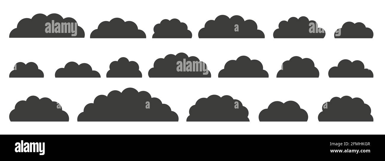 Black flat vector cloud set. Clouds cartoon symbols on white background ...
