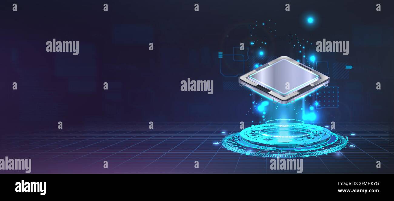 Presentation microchip processor with lights and glow effects. Futuristic CPU AI, Quantum computing, Big data concept. Web banner central computer Stock Vector