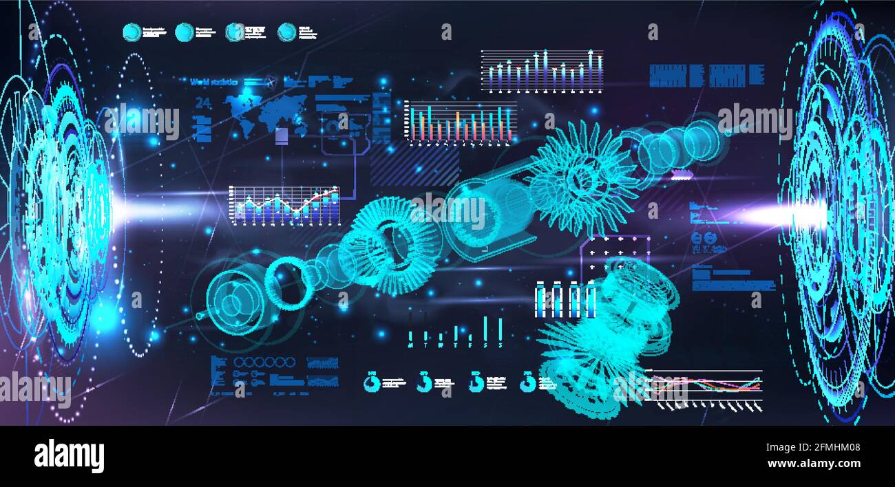 Turbine Jet Engine blueprint in hologram projectors with HUD interface. 3D gears xray. Industry 4.0 and hi-tech technology futuristic engineering Stock Vector