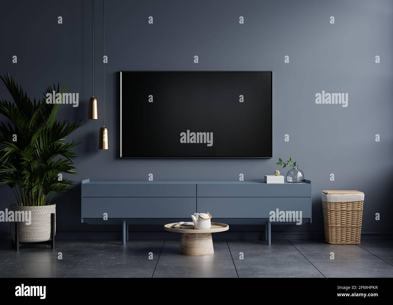 Modern interior of living room with tv on the cabinet on dark blue wall ...