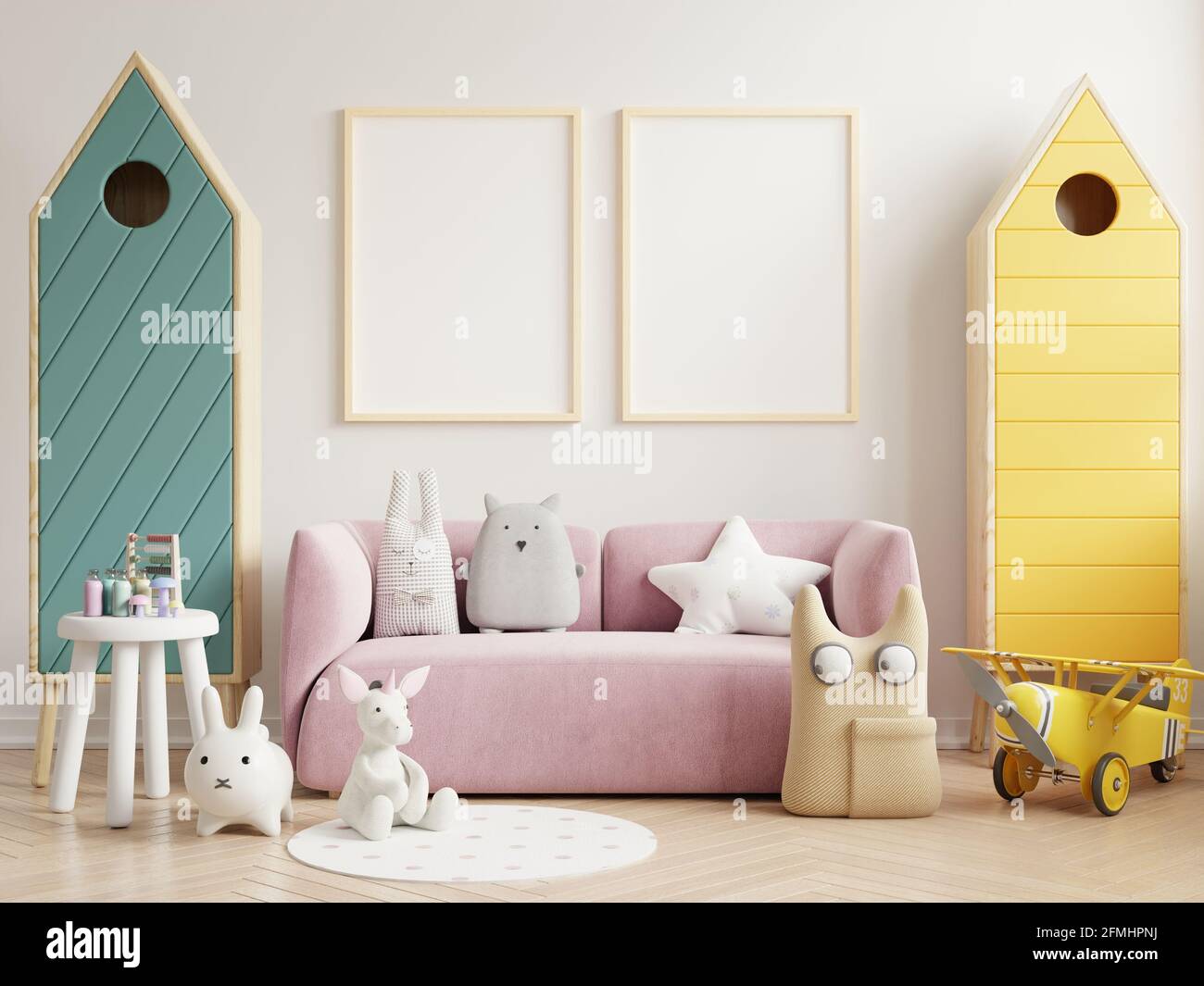 Mock up posters in child room interior, posters on empty white wall