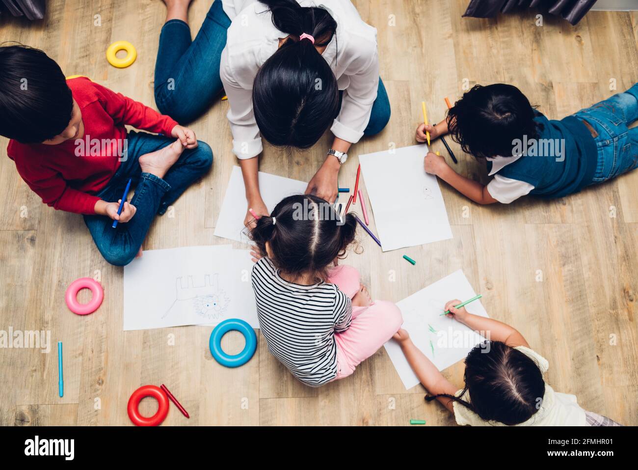 Top view happy Asian family children group kid boy and girl ...