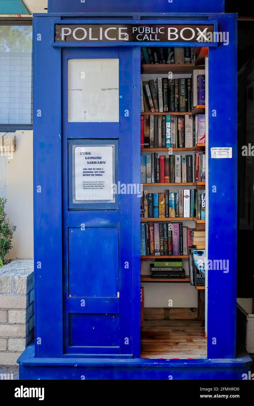 Tardis pop up community library for giving away and swapping free books, built and managed by locals these promote reading sharing recycling of books Stock Photo