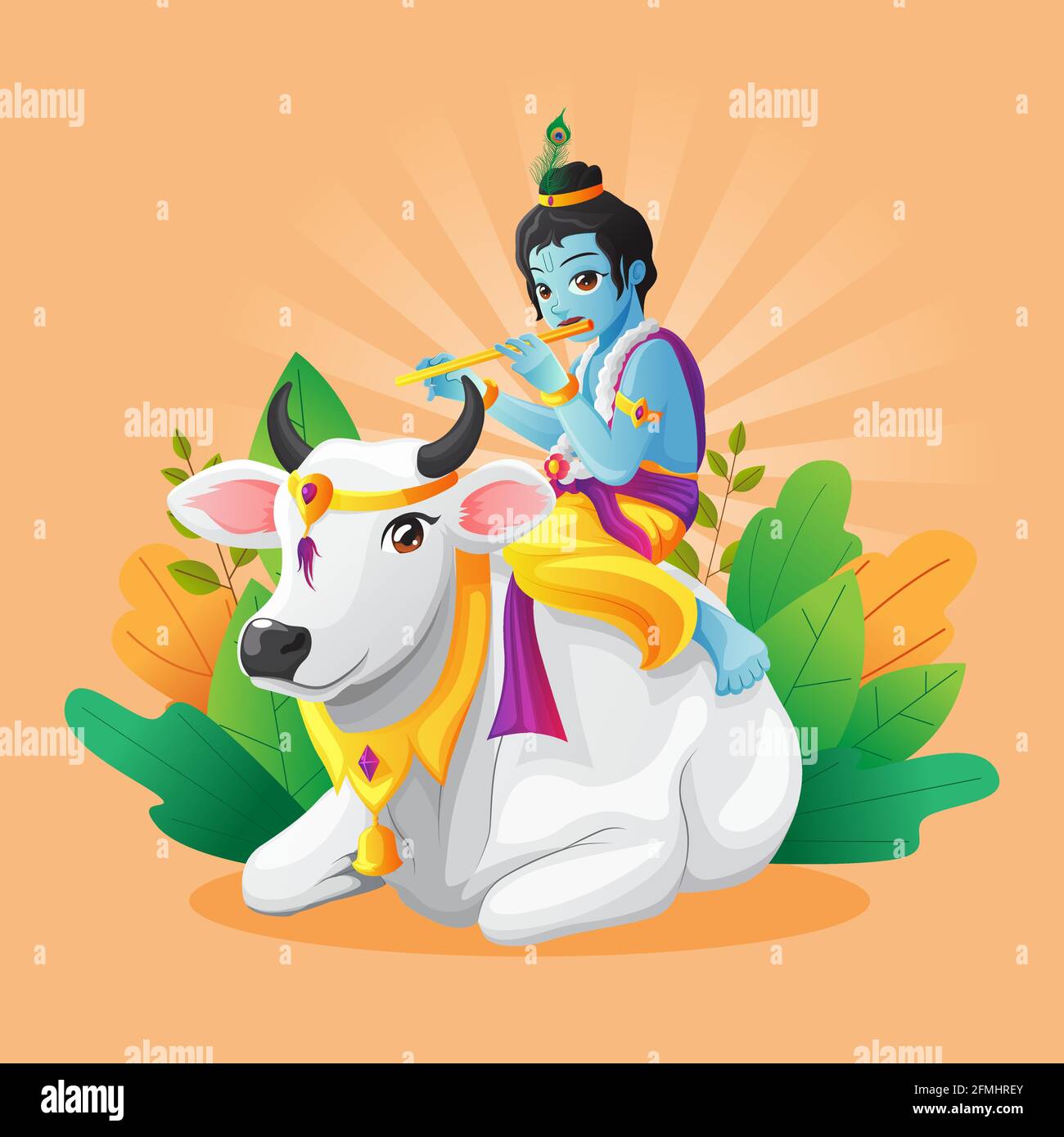 Cute vector illustration of little krishna playing flute while riding white cow Stock Vector