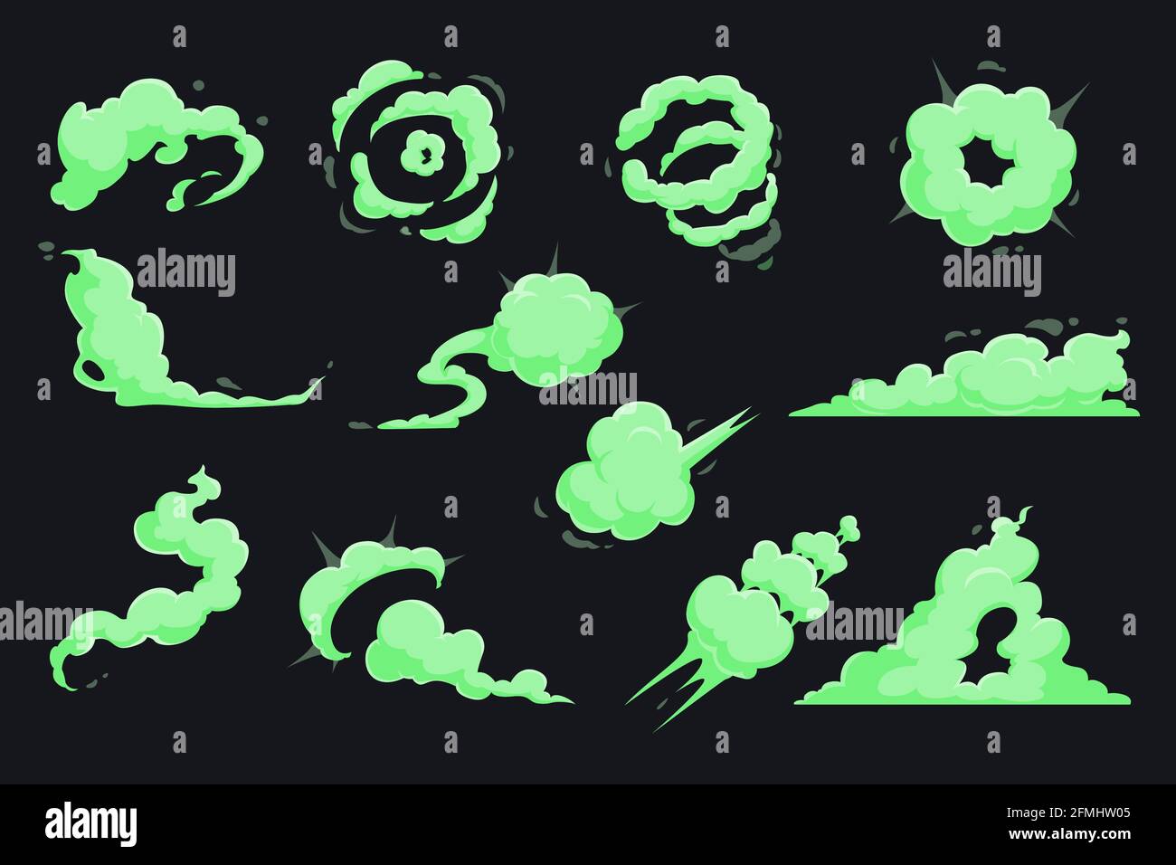 Green bad smell, stink, odor clouds isolated cartoon set. Vector stench
