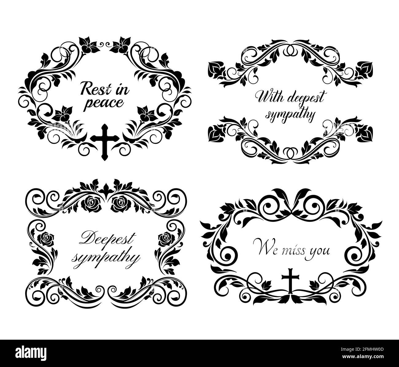 Funeral and obituary condolence frames and RIP flowers wreath, vector floral cards. Funeral Rest in Peace, Deepest Sympathy and We Miss You, loving me Stock Vector