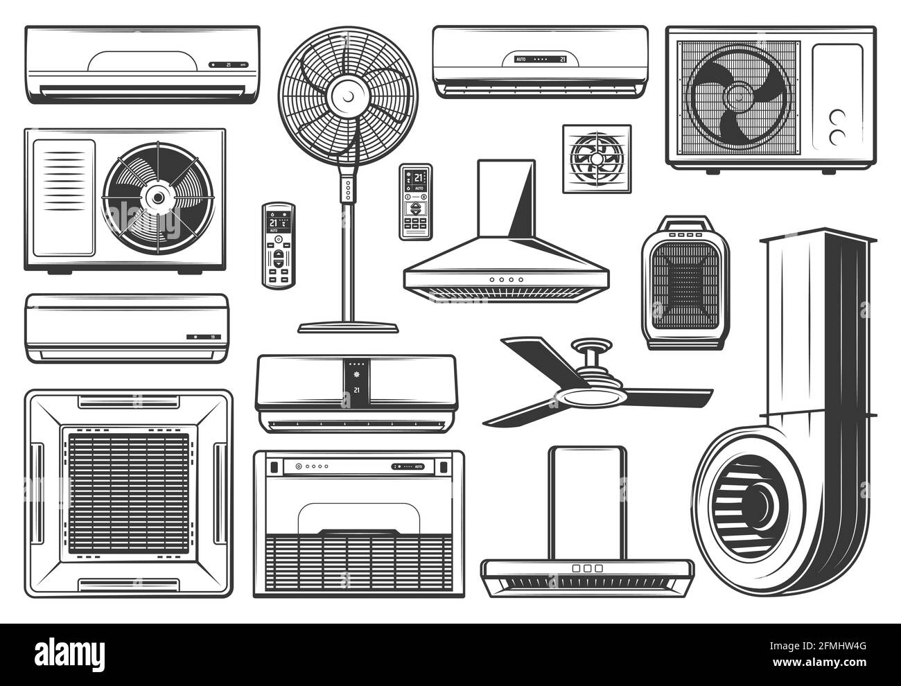 Conditioning and ventilation appliances icons, air conditioner equipment items, vector. Kitchen exhaust or cooking hood and climate split system appli Stock Vector