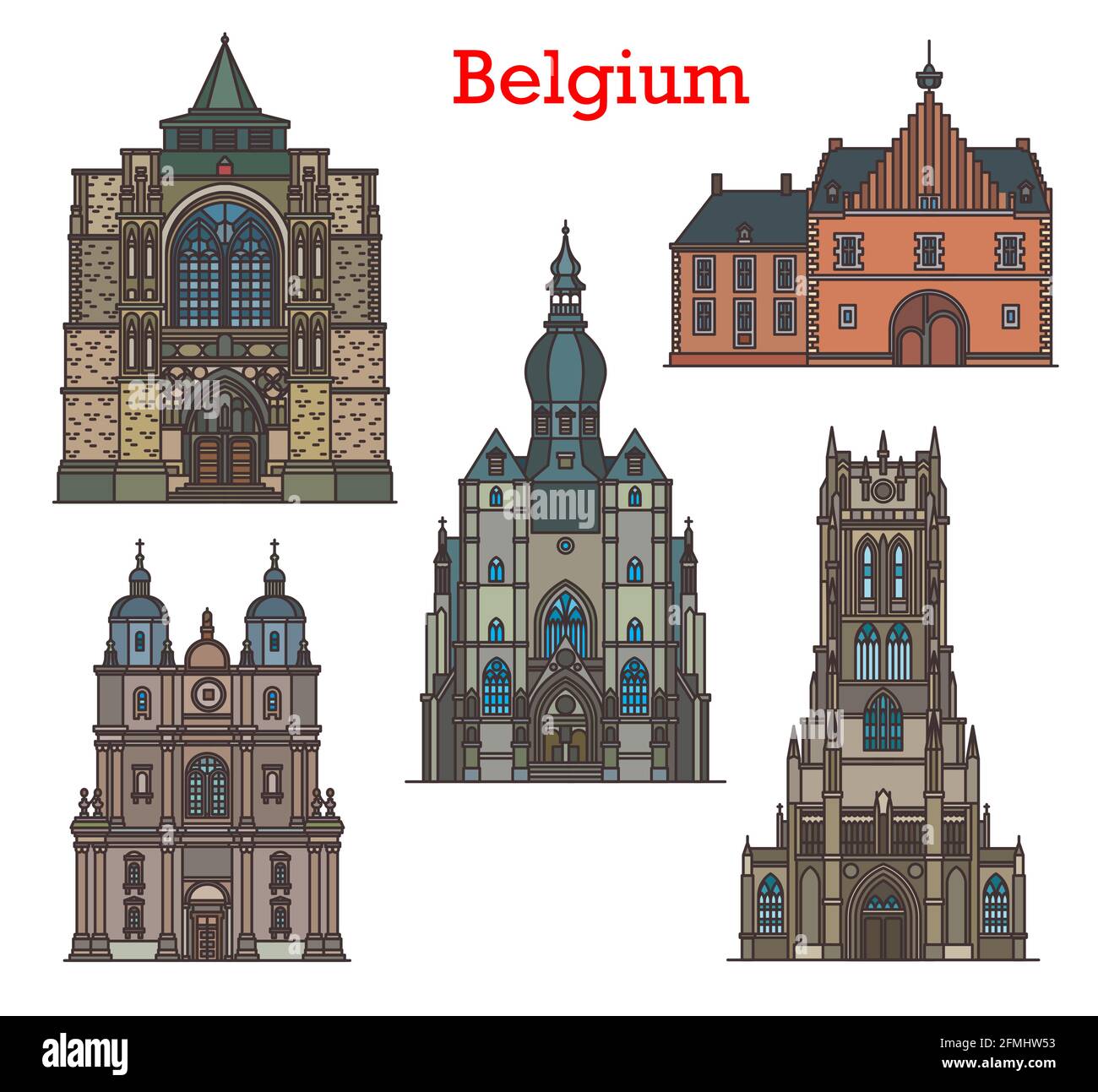 Belgium landmarks, cathedrals and old architecture, vector cathedrals and churches. Belgium travel landmarks Notre Dame Basilique de Tongre, Abdij van Stock Vector