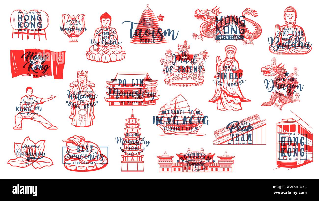 Hong Kong Buddhism symbols, travel landmarks vector icons. Chinese drums, Bauhinia flower and Buddha monument, Hong Kong flag and coat of arms, tram, Stock Vector