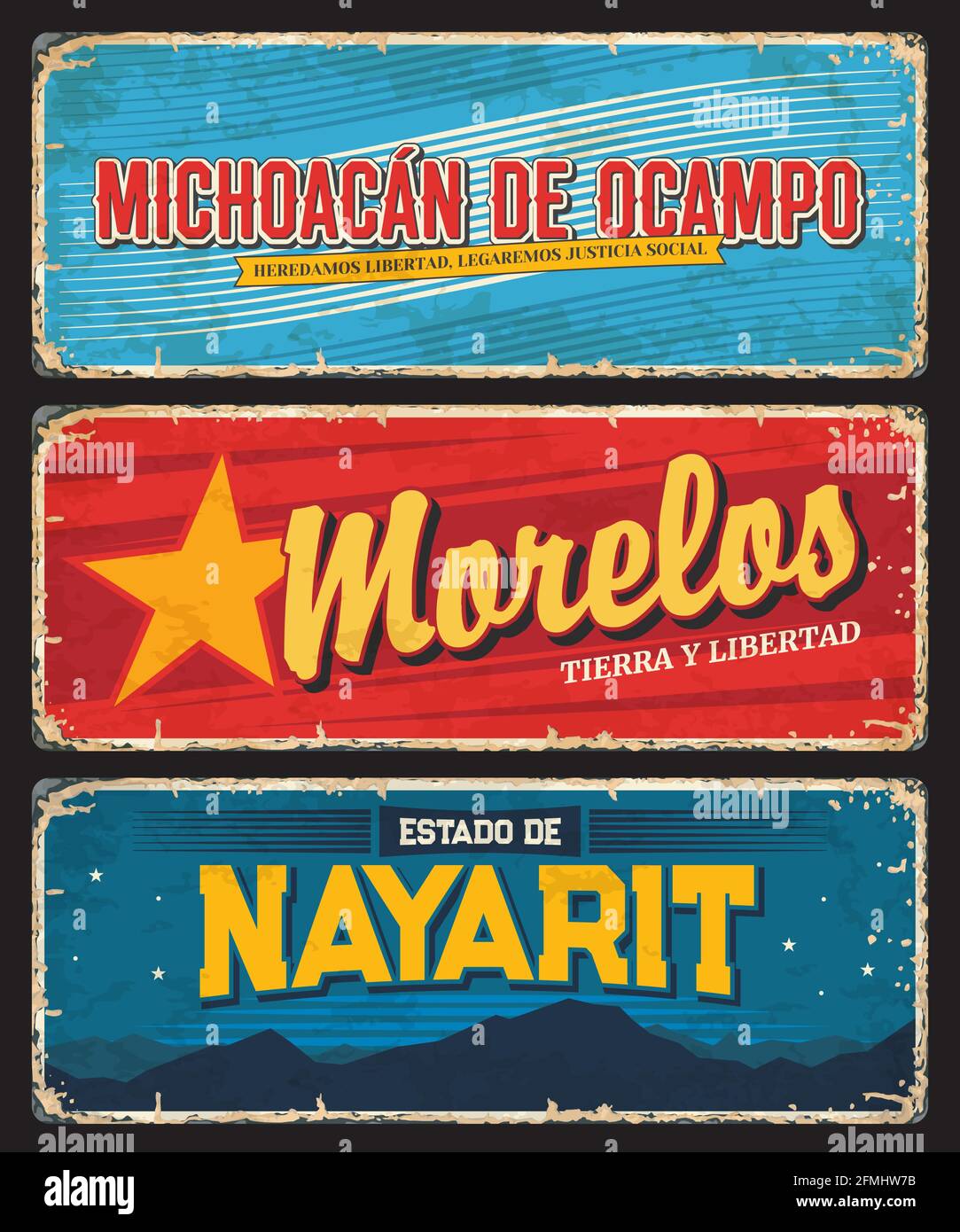 Michoacan de Ocampo, Morelos and Nayarit Mexico states tin signs. Mexico regions vector metal plates vintage typography and shabby sides. North Americ Stock Vector