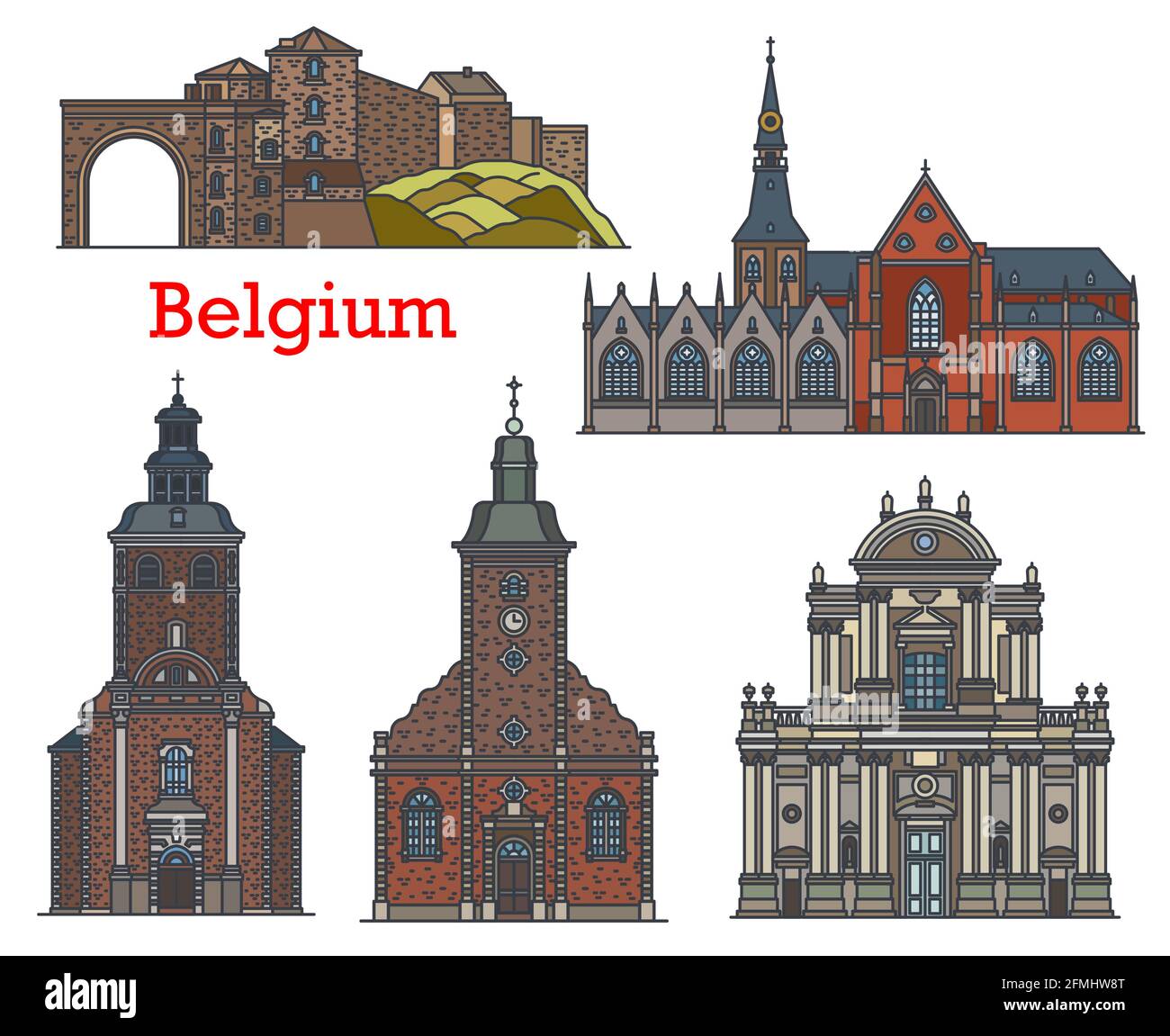 Belgium landmarks, churches and cathedrals of Namur, Stavelot and Hasselt, vector architecture. Belgium famous landmarks of Saint Sebastian Church in Stock Vector