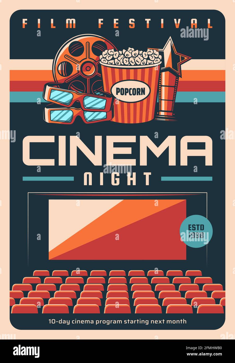 Film festival, cinema night screenings retro poster. Cinema hall