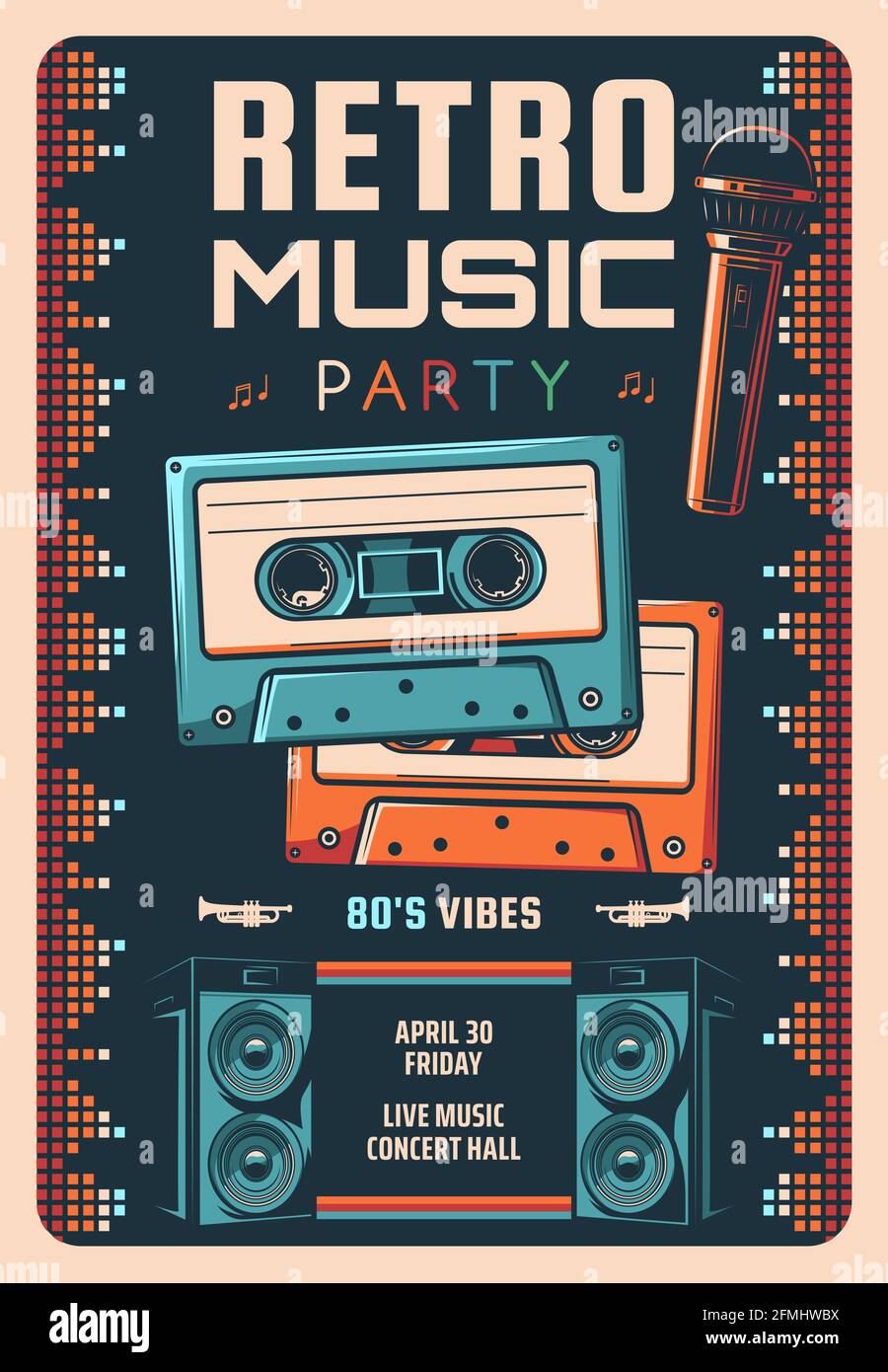 Retro music party vector flyer or poster. Live music performance, 80s hits concert vintage vector banner. Magnetic tape compact cassettes, stage micro Stock Vector