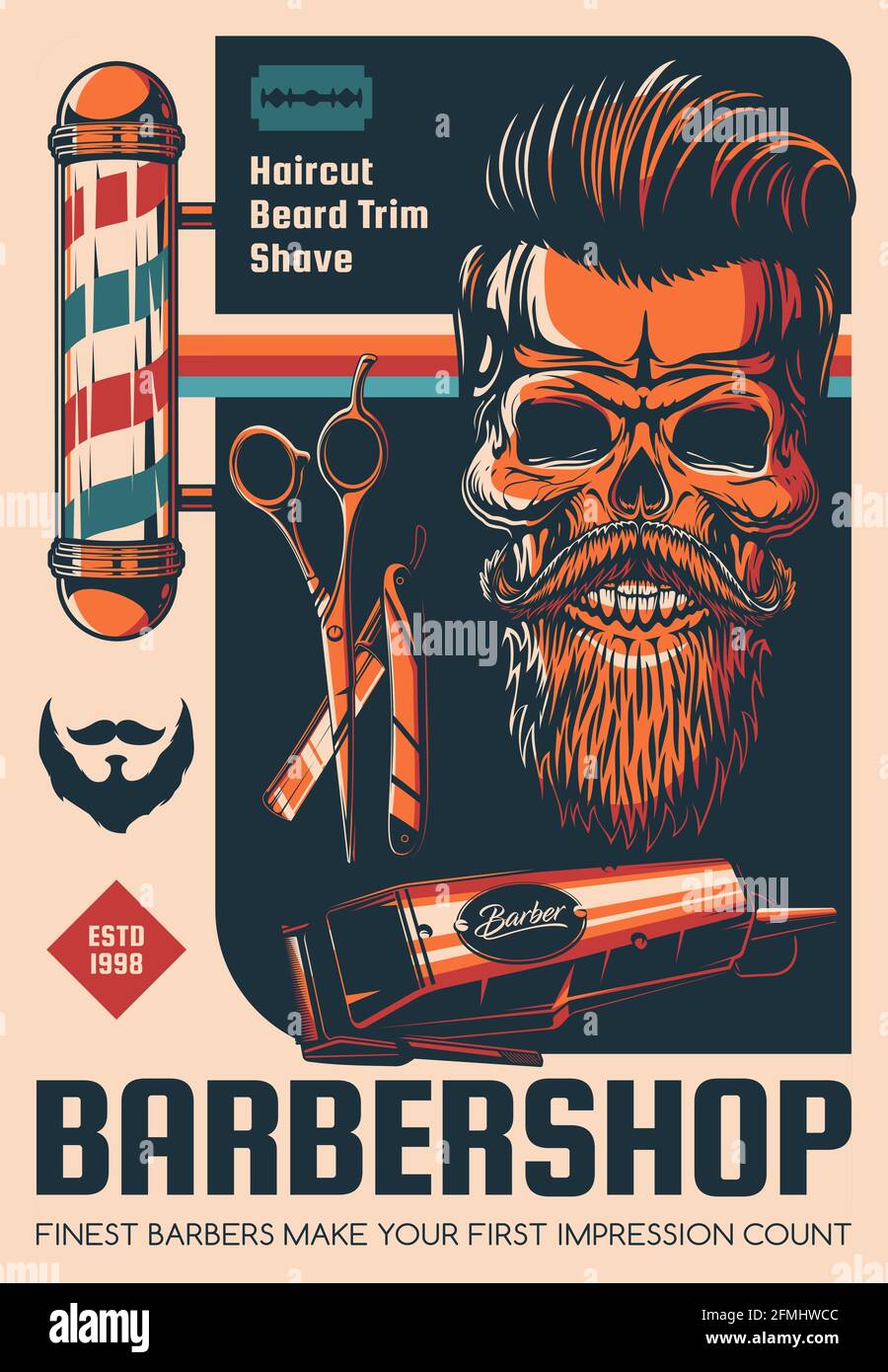 Barbershop Beard Shave And Haircut Salon Vector Poster Hairdresser Scissors Retro Barber Shop Pole And Razor Blade Hipster Man Skull With Vintage Stock Vector Image Art Alamy