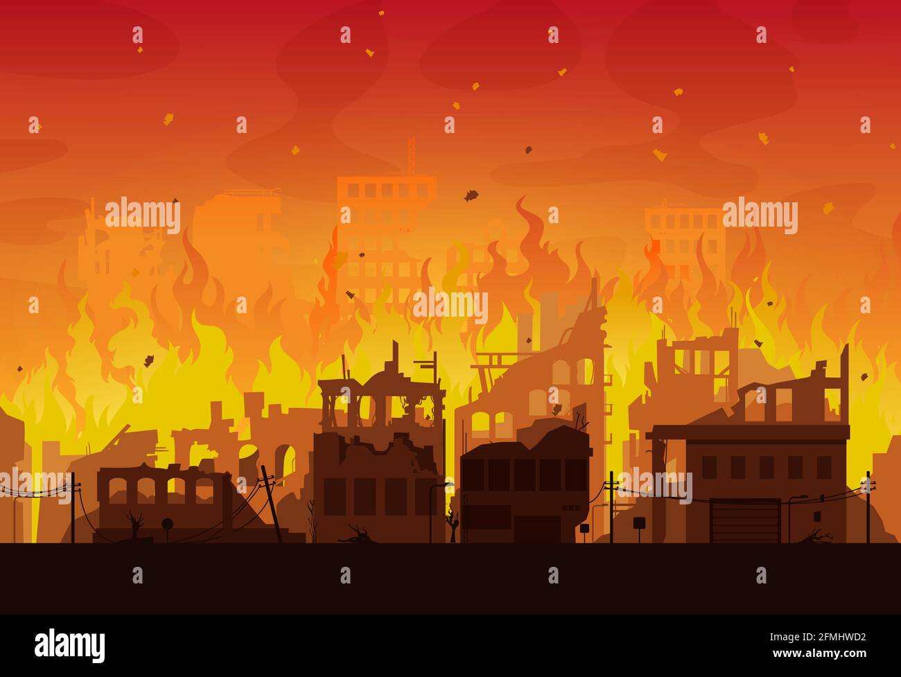 City in fire, destroyed burning houses and buildings, vector disaster or war background. Burning city ruins and town destruction from earthquake, bomb Stock Vector