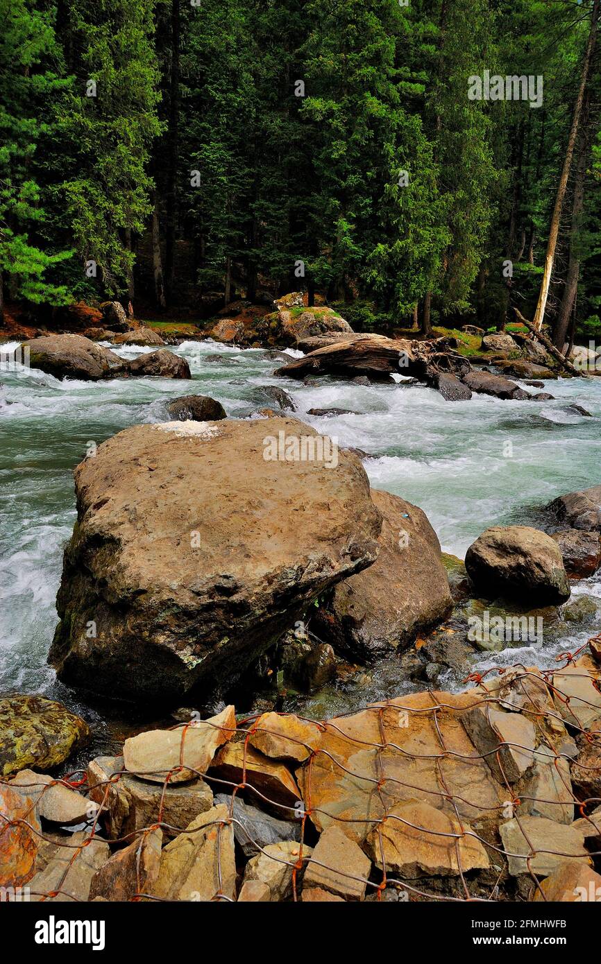 Lidder river on the way to Pahalgam, 73 kilometer long river which originates from the Kolhoi Glacier, Jammu & Kashmir, India Stock Photo